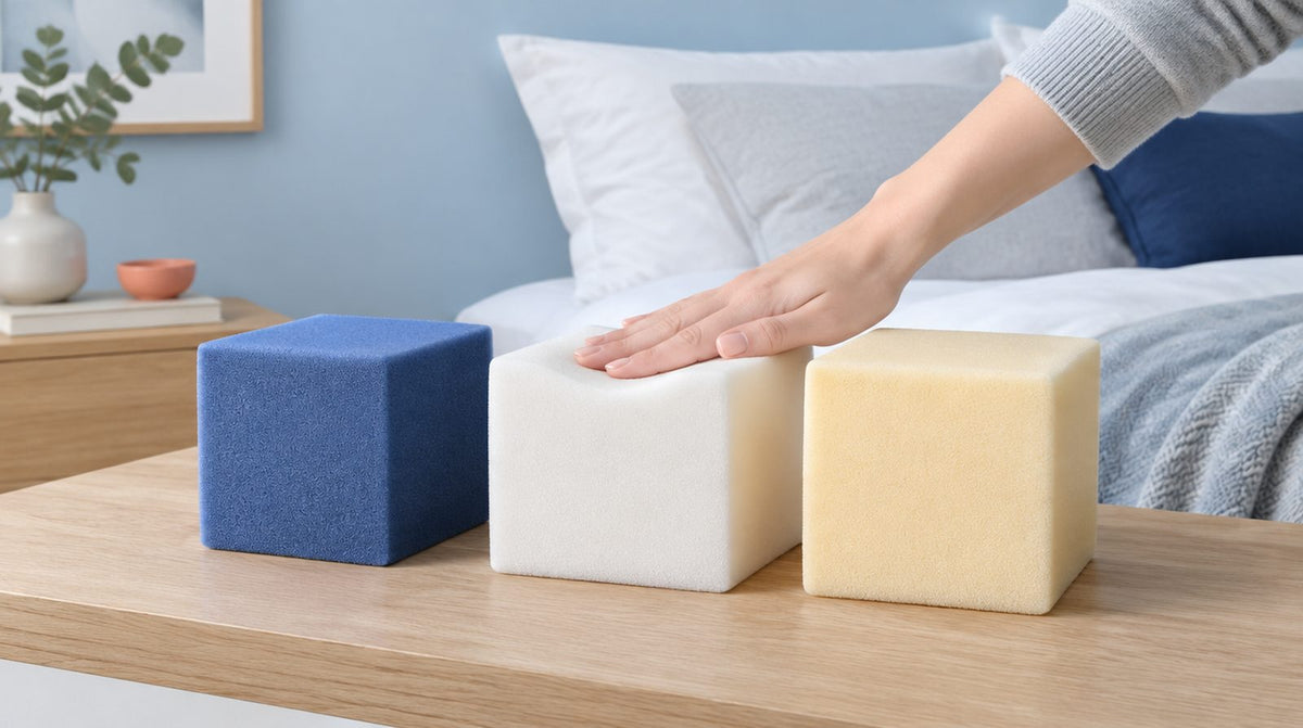 Tre campioni di schiuma in blu, bianco e giallognolo per confrontare topper in gel, schiuma fredda e memory foam