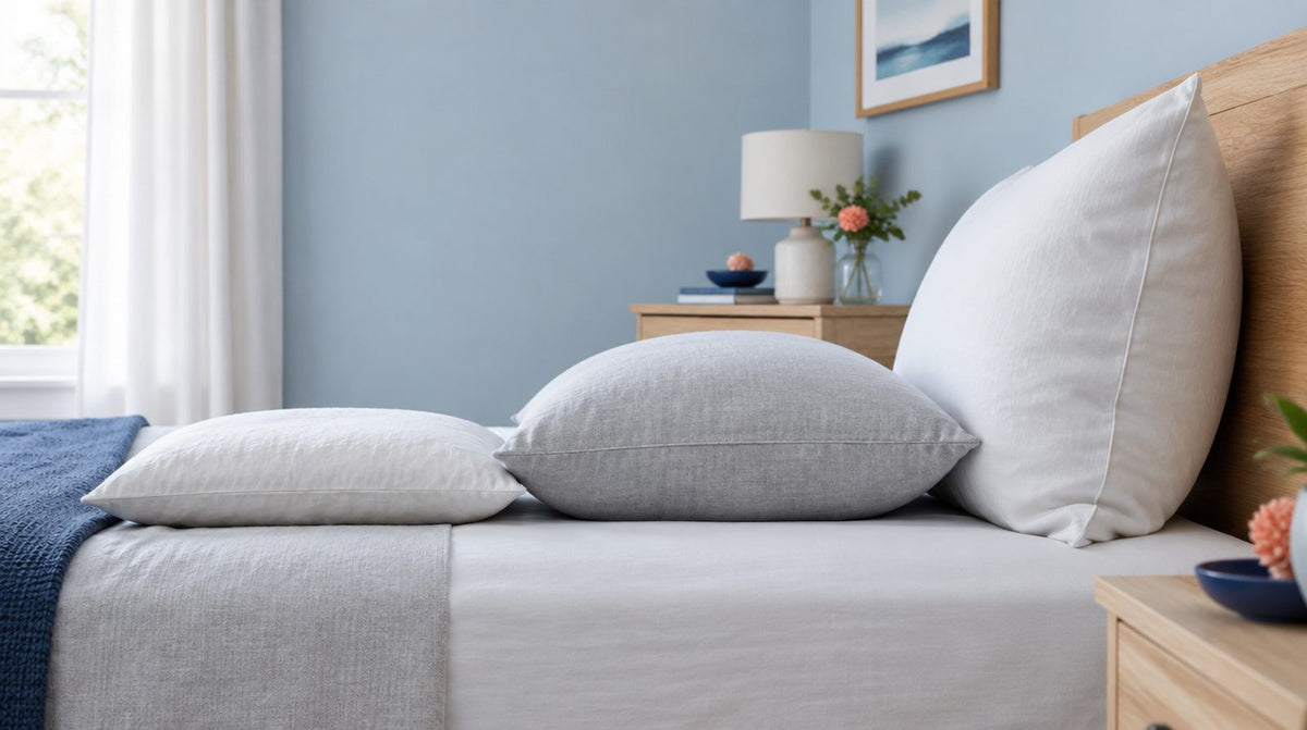 Vista laterale di cuscini di altezze diverse su un letto, altezze del cuscino a confronto