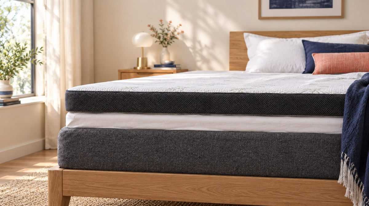 Vue de côté d'un lit avec matelas, couvre-matelas fin et surmatelas comme couche supérieure