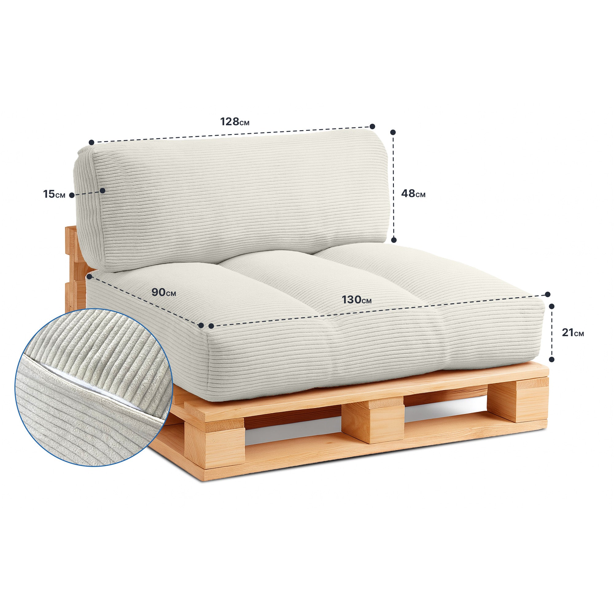 Ensemble de coussins pour palettes en velours côtelé – Coussins de dossier et d'assise pour palettes européennes 