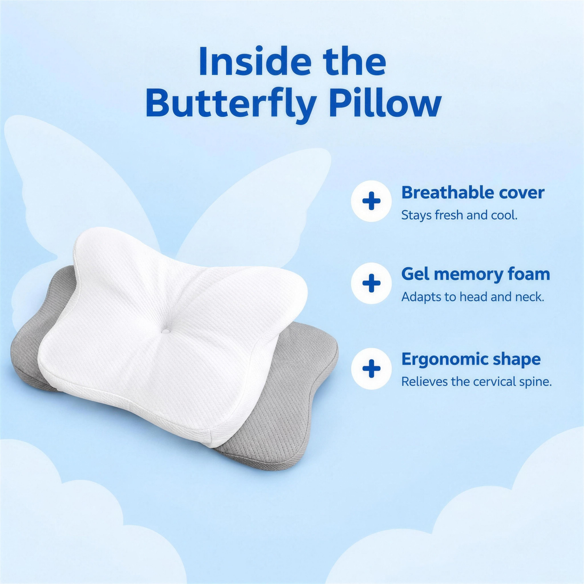 Inside the Butterfly Pillow – breathable cover, gel memory foam, ergonomic shape