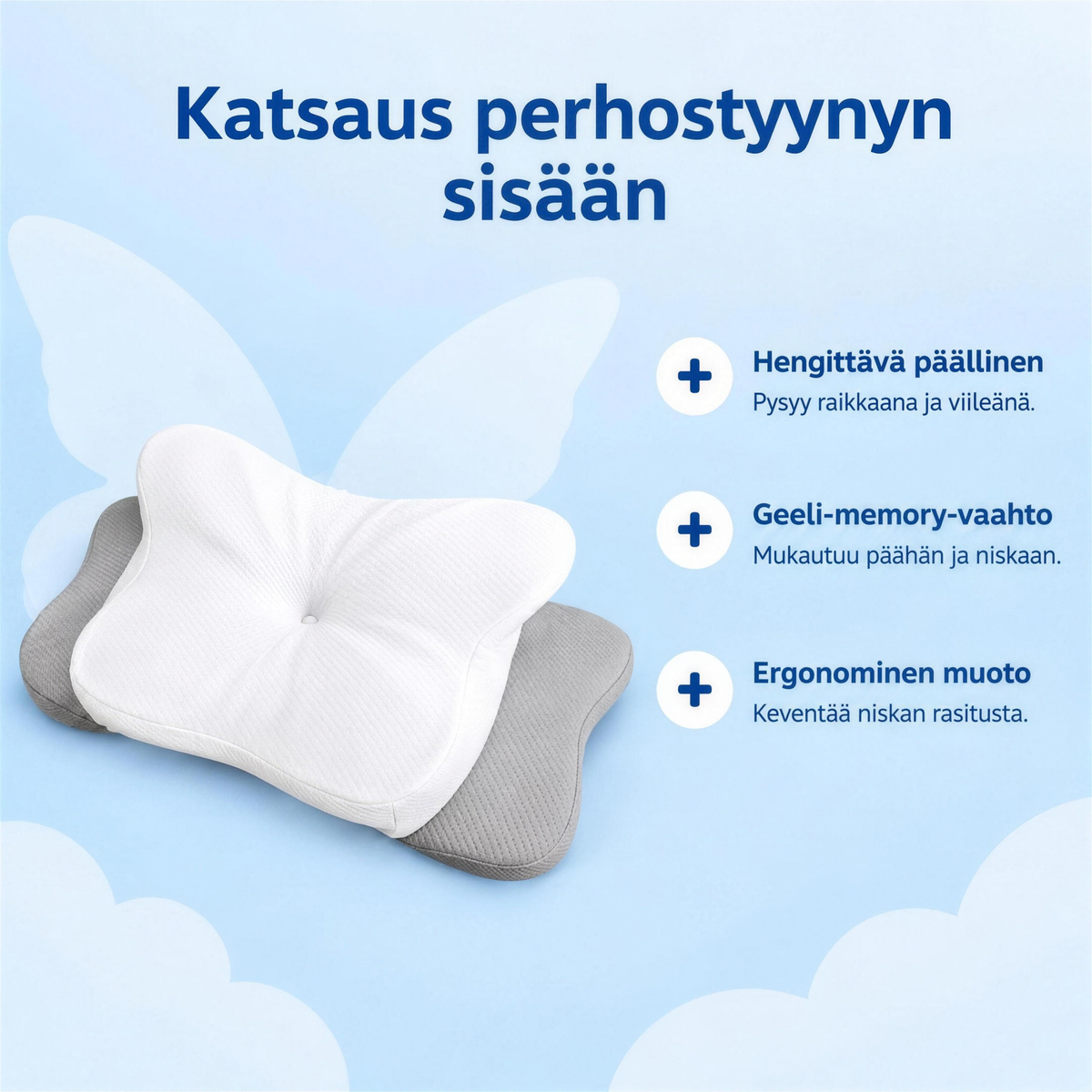 Katsaus perhostyynyn sisään – hengittävä päällinen, geeli-memory-vaahto, ergonominen muoto