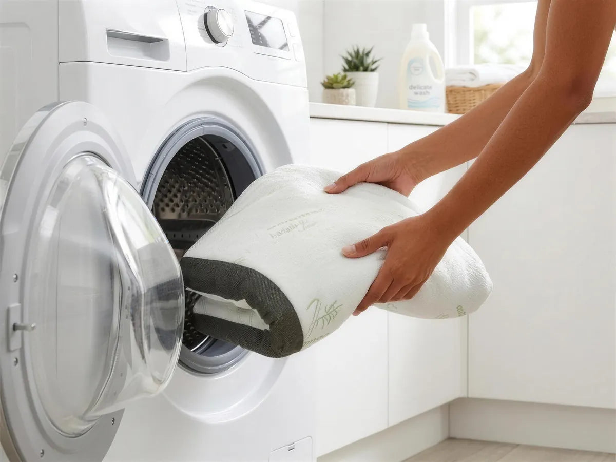 Abnehmbarer Bezug wird in die Waschmaschine gelegt