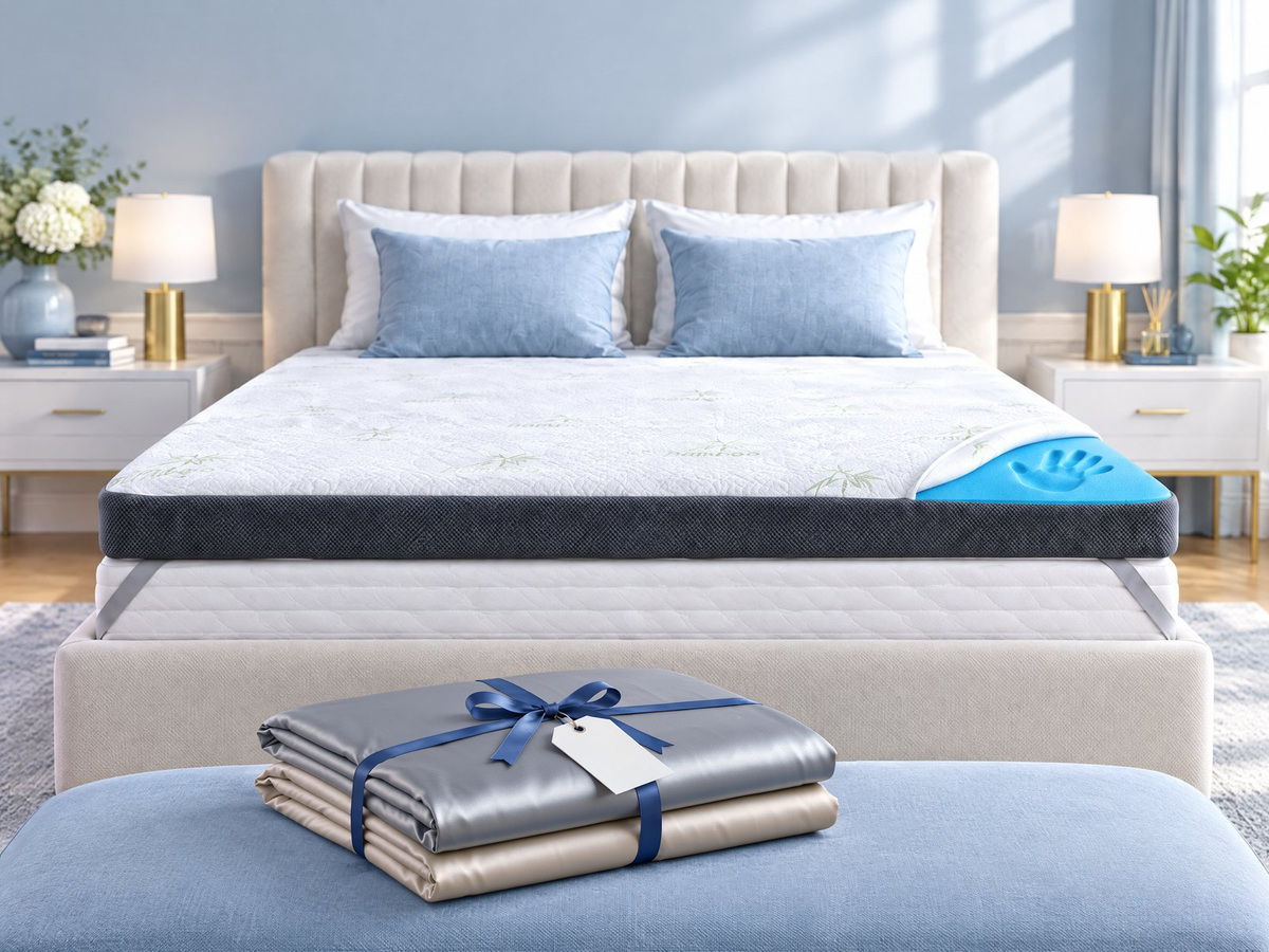 Premium Komfort Topper auf dem Bett, davor ein gefaltetes Satin-Bettwäsche-Set mit Geschenkschleife
