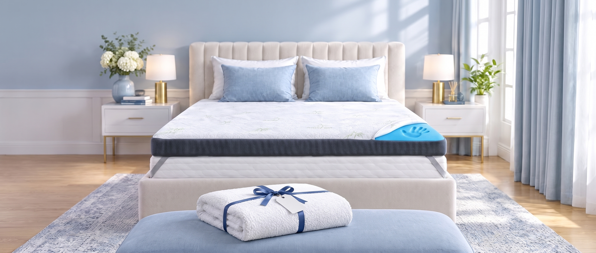 Premium Komfort Topper auf dem Bett, davor ein gefalteter Matratzenschoner mit Geschenkschleife