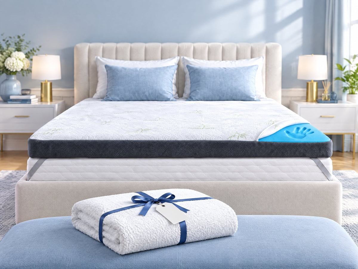 Premium Komfort Topper auf dem Bett, davor ein gefalteter Matratzenschoner mit Geschenkschleife