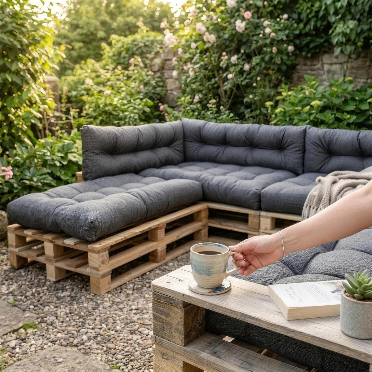 Premium Palettenkissen im Garten – Outdoor Sitzecke auf Europalette