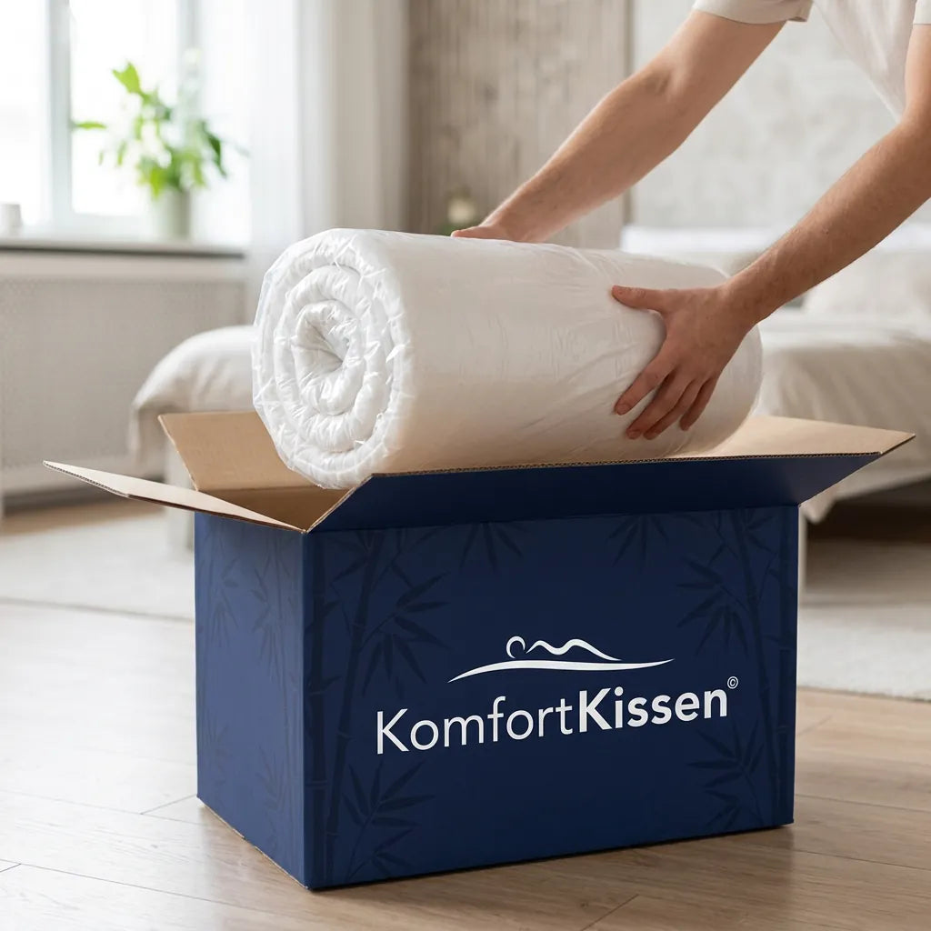 Gerollter Topper wird aus der KomfortKissen Box gehoben – Schritt 2