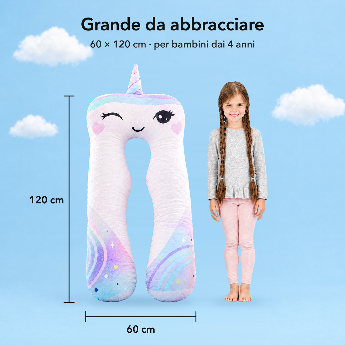 Unicorno – Misura 60 × 120 cm a confronto con una bambina