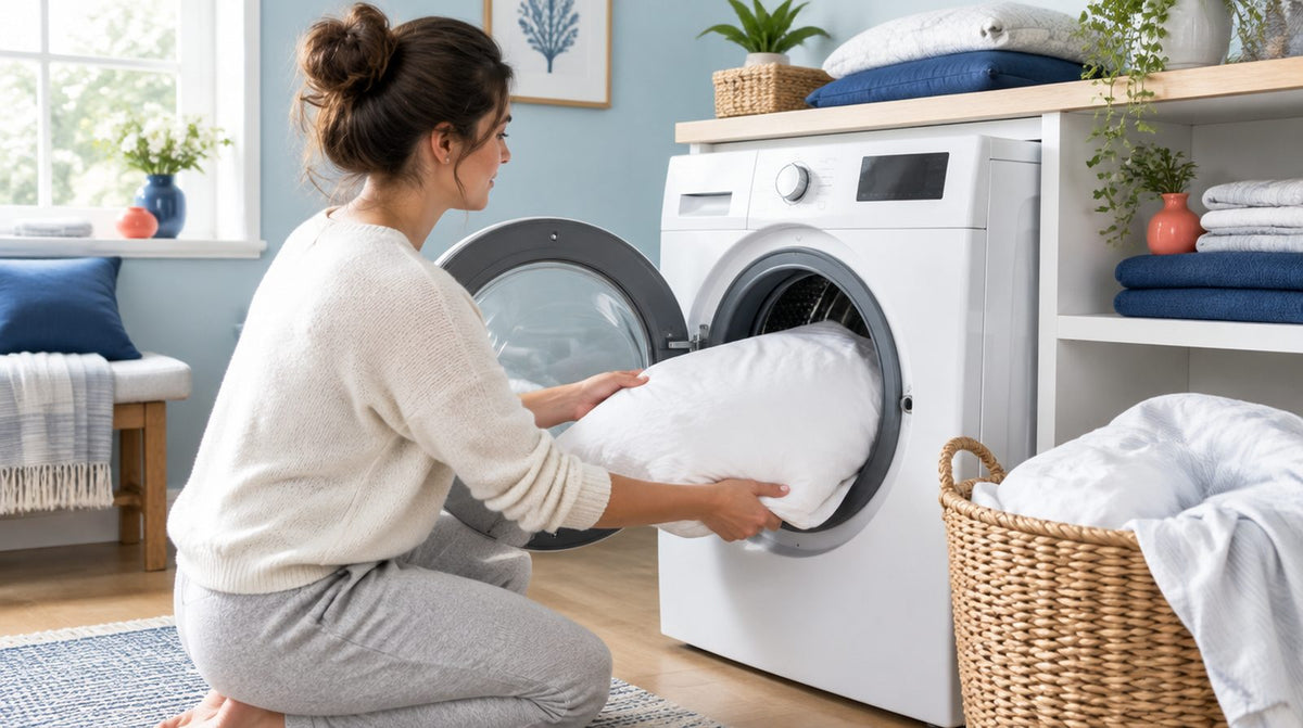 A pillowcase being placed in a front-loading washing machine to wash the pillow