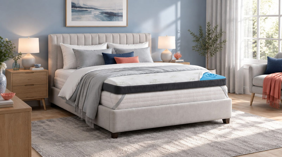 Letto boxspring con testiera imbottita e topper appoggiato sopra in una camera accogliente