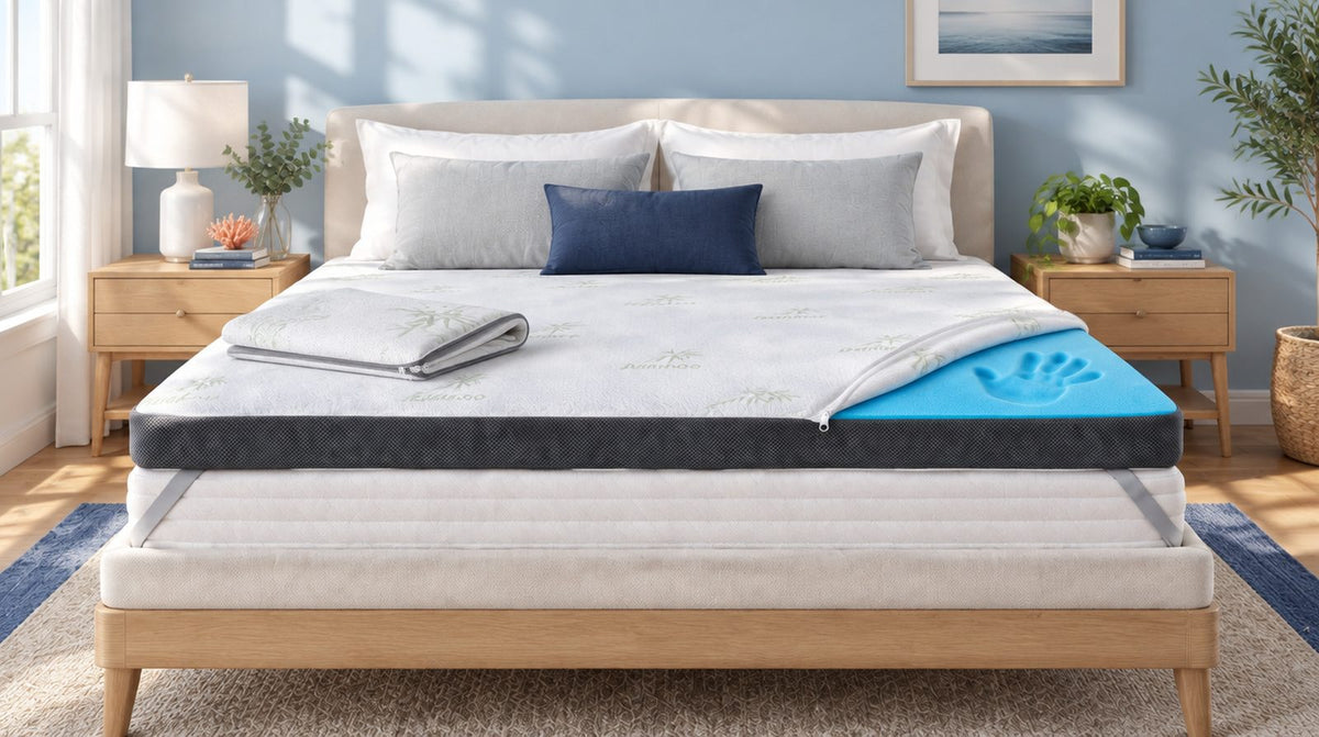Surmatelas avec housse zippée partiellement ouverte, à côté de la housse pliée pour le lavage et l'entretien